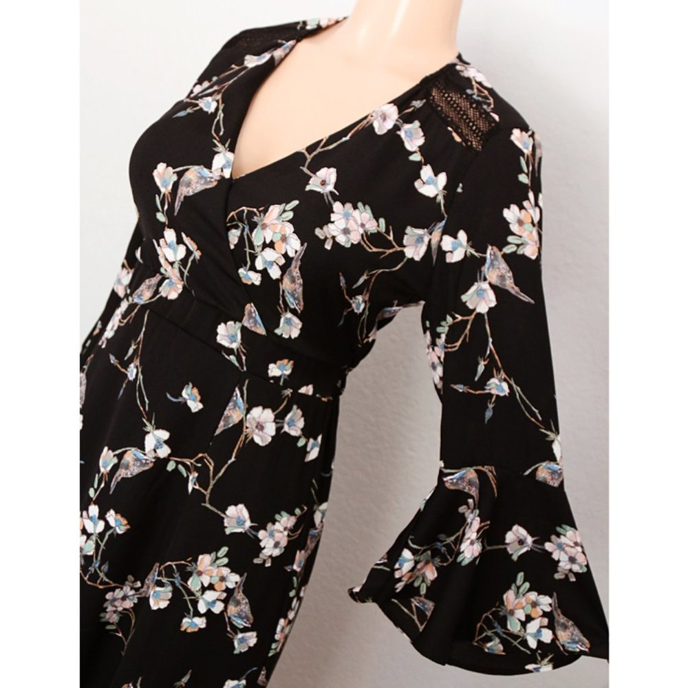 NEW Black Floral Bird Wrap V Neck Slit Midi Dress - Picture 2 of 8